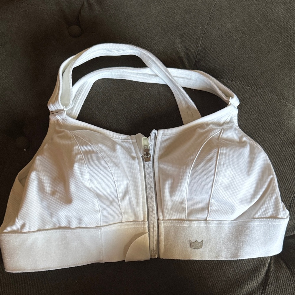 SHEFIT White Front Zip High Impact Sports Bra Crisscross Back Mesh Panels M